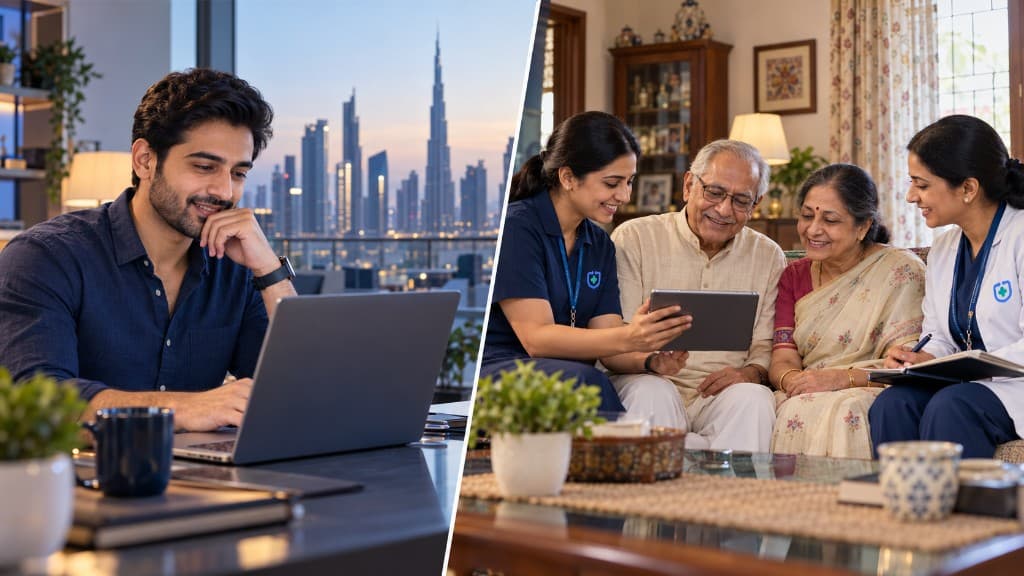 A family member on a laptop abroad, beside care staff showing an older couple an update on a tablet at home