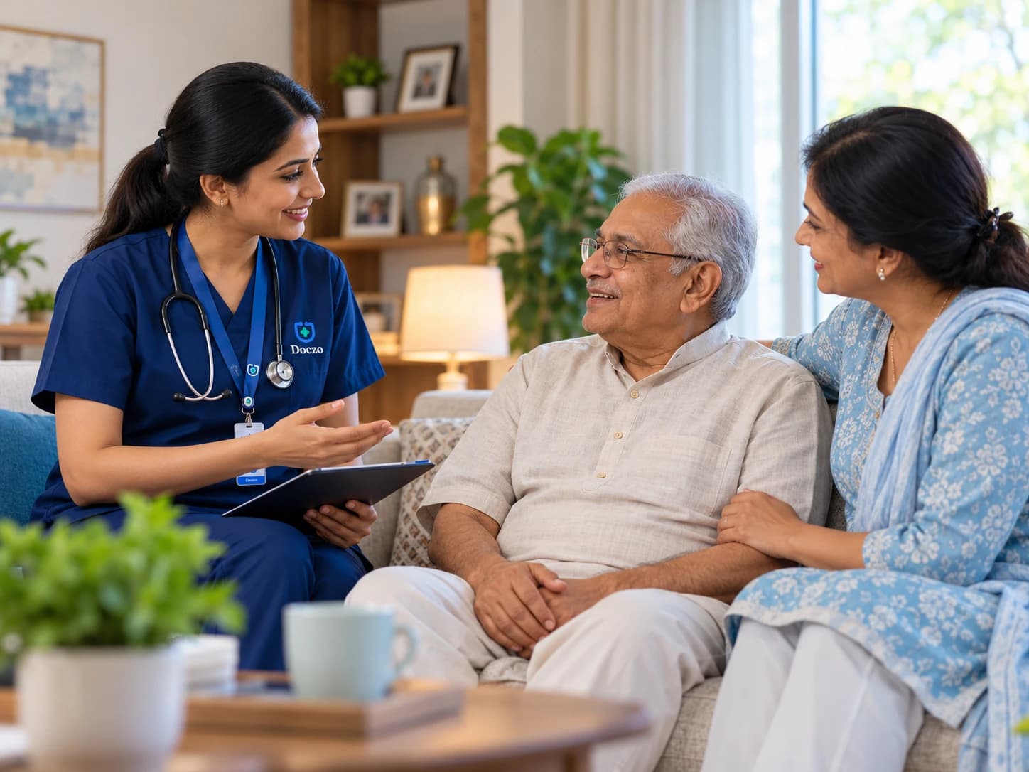 A care professional in navy scrubs talking with an older man and a family member in their living room
