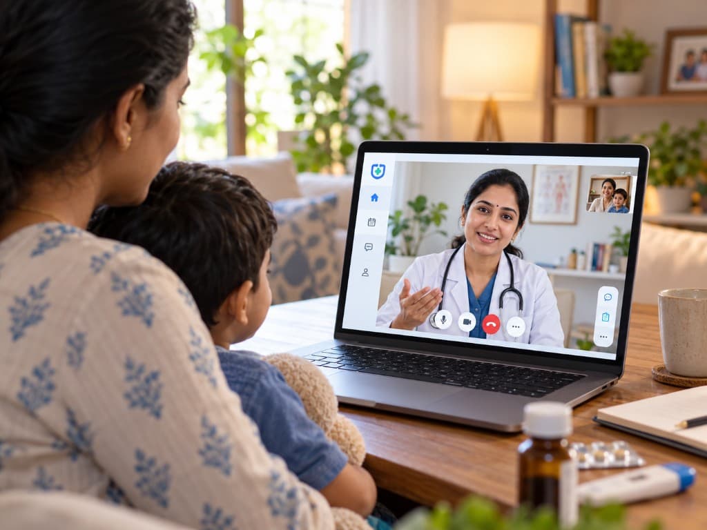 A parent and child on a video consultation with a doctor, with medicine on the table beside the laptop