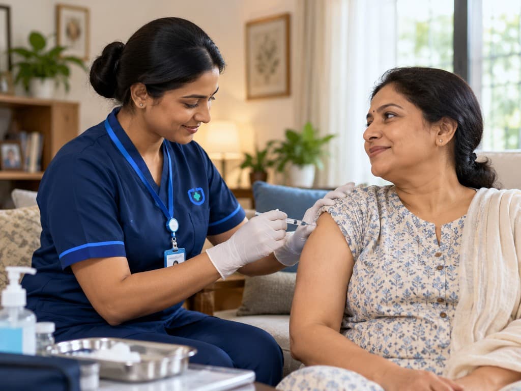 A nurse giving an injection to a woman during a home visit